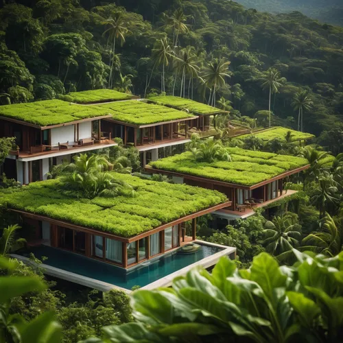 eco hotel,tropical greens,tropical house,green living,grass roof,floating huts,cube stilt houses,eco-construction,roof landscape,dunes house,kangkong,greenery,sustainable,vietnam,roof garden,tea plantations,stilt house,beautiful home,costa rica,tropical jungle,Photography,General,Cinematic