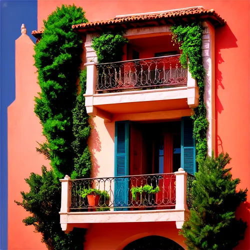 Italian-style villa, succulent green walls, ornate stone carvings, intricate balconies, red-tiled roof, Mediterranean architecture, warm afternoon sunlight, 3/4 composition, shallow depth of field, so