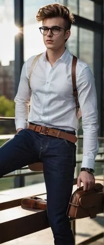 Bachelor in architecture, young adult male, 25yo, stylish messy hair, black framed glasses, white shirt, dark blue jeans, leather belt, brown loafers, holding architectural model, standing, modern uni