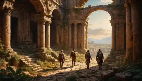 hall of the fallen,travelers,ancient city,kings landing,guards of the canyon,the ruins of the,the ancient world,ruins,games of light,pilgrimage,fantasy picture,ancient buildings,ruin,three pillars,fantasy landscape,ancient,fantasy art,mausoleum ruins,cg artwork,pillars,Photography,General,Fantasy