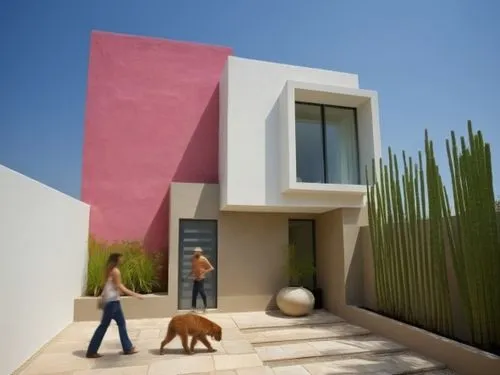 MEXICAN PINK WALL,two people in front of the house with their dog,dunes house,cubic house,cube house,corbu,dog house,exterior decoration