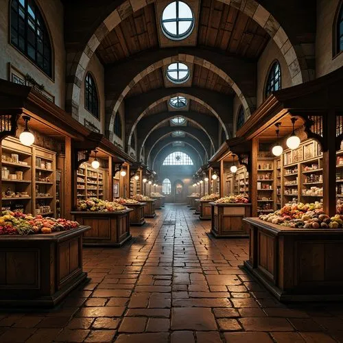 aisle,spice market,marketplace,bookstore,apothecary,market hall,stalls,grocers,grocery store,grocer,pantry,pharmacy,refectory,arcaded,grocery,bookshop,bookstalls,principal market,apothecaries,fruit market