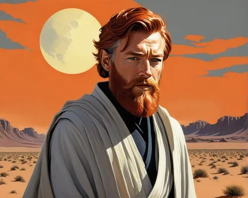 Obi-Wan Kenobi (((He has auburn hair and beard, but with gray hair))) wandering in a vast, desolate desert, with two binary suns in the afternoon sky. Retro sci-fi pulp conceptual drawing art.,obi-wan