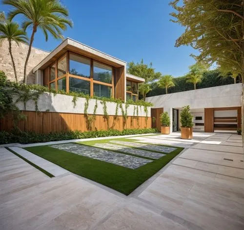 DISEÑO EXTERIOR DE UN DEL ACCESO A UNA RESIDENCIA, UBICADA EN UNA PRIVADA, CON UNA  CALLE DE CONCRETO ESTAMPADO, LA BARDA CON JARDINERA DE FORMIO, PLANTAS Y FLORES COLGANDO DE LA BARDA, PORTON DE ACCE