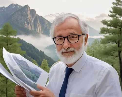 Zumthor, Peter Zumthor, architect, solo, (60yo), grey hair, glasses, beard, suit, white shirt, tie, holding blueprints, standing, St. Benedict Chapel, Sogn Benedetg, Switzerland, mountain, forest, fog