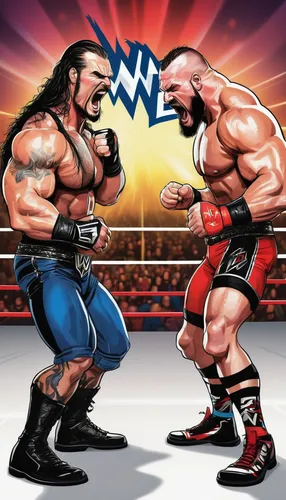 Imagine a WWE meme capturing the intense rivalry between two wrestlers in a hilarious cartoon style.,striking combat sports,wrestling,professional wrestling,wrestle,beer match,arm wrestling,animated c