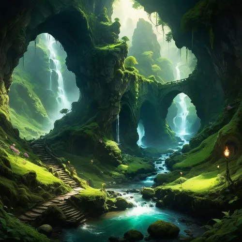 fantasy landscape,caverns,cave,cavern,caves,alfheim,cave on the water,elven forest,moss landscape,sea caves,mountain spring,rivendell,fractal environment,green waterfall,ravine,cartoon video game background,verdant,green forest,green valley,karst landscape,Conceptual Art,Fantasy,Fantasy 11