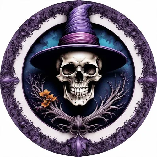 the painting on this plate is of a skeleton in witch hat,witch's hat icon,lechuck,schierstein,skulduggery,halloween border,hatter