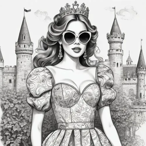 queen of hearts,watercolor pin up,vintage drawing,coloring page,fantasyland,disneyfied,Illustration,Black and White,Black and White 30