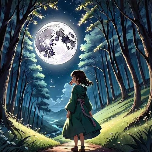 schierke,chihiro,schierholtz,studio ghibli,schierstein,ghibli,moonwalked,kodama,forest of dreams,moonlight,the girl next to the tree,girl with tree,yotsuba,kaban,moonlit night,tressa,touhou,the moon and the stars,magical adventure,dream world,Anime,Anime,Traditional