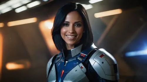 ((cinematic portrait)), latin, smiling Ashley Williams, from mass effect game, with blue space full armor, long straight black hair, (wide hips), heavy armor, in a space hangar, full realism, natural 