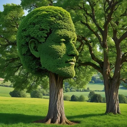 Super realistic image, extremely high quality, a tree trimmed in the shape of a human profile, the tree grows in the middle of a breathtaking landscape, the leaves of the tree are trimmed in the shape