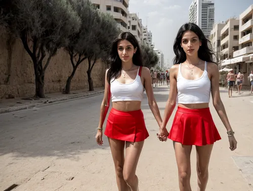 They travel in Tel Aviv hand in hand.  He wears shorts and a t-shirt.  She wears a red mini skirt and a tank top.,aviv,tel aviv,stereoscopic,ashdod,yemenite,girlhood,two girls,israeli,mirroring,rishon