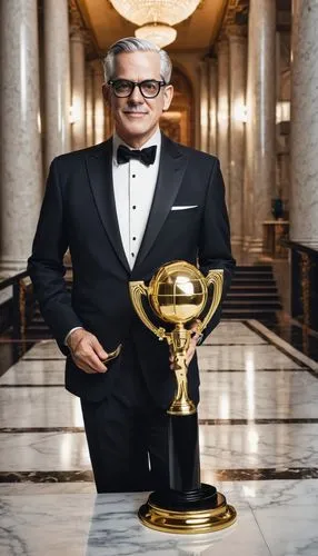 Modern trophy, sleek design, golden metal material, geometric shape, intricate details, reflective surface, awarded to a mature architect, bespectacled, grey hair, black tuxedo, bow tie, holding troph