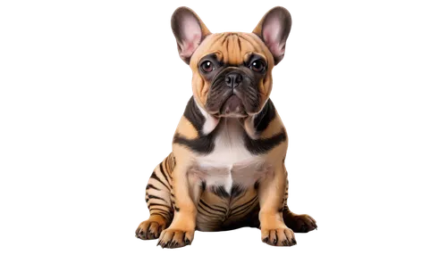 French Bulldog, tiger stripes, cute face, short ears, wrinkled skin, black nose, big eyes, sitting posture, front paws together, striped fur, soft texture, warm lighting, 3/4 composition, shallow dept