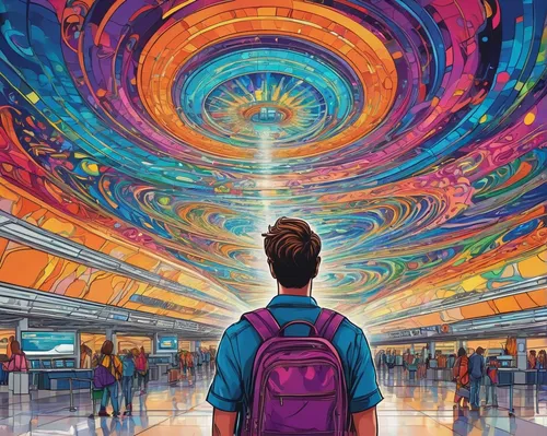 At a bustling airport, a worried traveler realizes their passport is missing just before their flight.,vortex,psychedelic art,ascension,astral traveler,kaleidoscope art,kaleidoscope,colorful spiral,sc