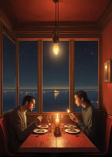 romantic dinner,romantic night,dinner for two,romantic scene,diner,dining,candle light dinner,romantic meeting,fine dining restaurant,date night,japanese restaurant,alpine restaurant,romantic,a restaurant,sea night,dining table,beach restaurant,sci fiction illustration,dinner,date,Conceptual Art,Sci-Fi,Sci-Fi 07