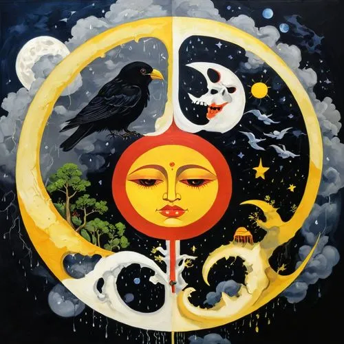 sun and moon,sun moon,spring equinox,lunar phases,hecate,yinyang,Conceptual Art,Oil color,Oil Color 07