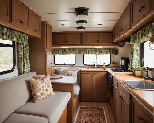 Modern travel trailer, cozy interior, beige walls, wooden floor, comfortable sofa bed, pillows in earth tones, small kitchenette, white cabinets, marble countertops, sink with golden faucet, microwave