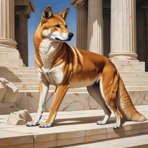 basenji,dhole,capitoline wolf,chinese imperial dog,ancient dog breeds,cordoba fighting dog,canidae,vulpes vulpes,pharaoh hound,shiba inu,heraldic animal,akita inu,shiba,canaan dog,anthropomorphized animals,canis lupus,dingo,small greek domestic dog,new guinea singing dog,a fox,Art,Classical Oil Painting,Classical Oil Painting 02