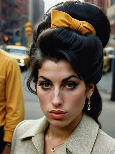 A very pretty young woman with a very strong Amy Winehouse-style eye line in 1969 in a New York street,cigarette girl,vintage fashion,joan collins-hollywood,vintage woman,bouffant,60s,vintage women,60