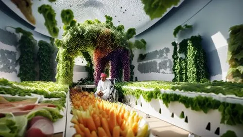 A photorealistic rendering of an indoor high-tech fruit and vegetable Hydroponic Towergarden inside a dome-shaped pod, with rows of ground lettuce and white trellis walls of citrus. The scene is illum