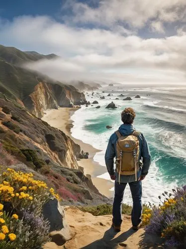 Big Sur, California, USA, rugged coastline, rocky cliffs, misty atmosphere, dramatic waves crashing, sea spray, sunny day, warm light, wind-blown trees, wildflowers blooming, solitary figure, male, 30