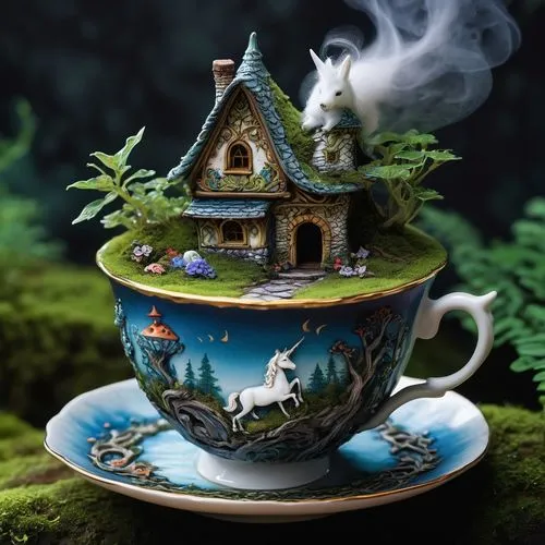 fairy house,miniature house,teacup,magical pot,tea cup,tea cups,coffeepots,witch's house,a cup of tea,little house,tea zen,fantasy picture,fairy chimney,cup and saucer,treehouse,tea party collection,teahouse,cup of tea,teatime,tea party cat,Illustration,Realistic Fantasy,Realistic Fantasy 03