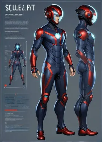 A character design sheet of a male superhero with a cape. Muscular figure. Short black hair. Color: Midnight blue and red. Comic book cell-shading style. Full body shot. Character standing front and m