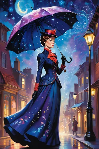 The model woman, adorned in a celestial-inspired gown resembling ((Mary Poppins')) magical attire, stands in a whimsical nighttime setting filled with stars and galaxies. She holds a shimmering umbrel