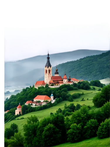 Romania country landscape, rolling hills, medieval townscape, colorful traditional houses, ornate Orthodox church, steeples reaching sky, intricate stone carvings, vibrant flowers, lush greenery, mist