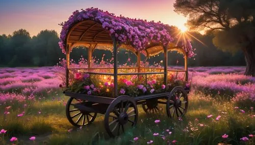 flower cart,flowers in wheel barrel,flower car,fantasy picture,flower basket,flower in sunset,Photography,Artistic Photography,Artistic Photography 02