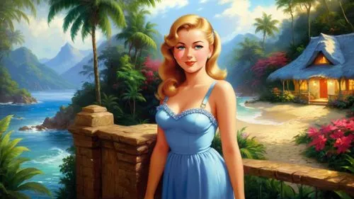 Romantic masterpiece oil painting, beautiful girl portrait, nostalgic 1950's style kitsch, vibrant rainforest bungalow landscape, lush tropical jungle paradise, summer beach scenery, by Thomas Kinkade