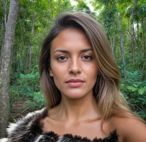 Um mehr Details hinzuzufügen, ist der Wald jetzt ein Mysterium, umgeben von dichten Bäumen und den Geräuschen raschelnder Blätter.,polynesian girl,polynesian,maori,in the forest,peruvian women,native 