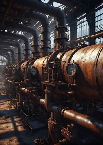 Industrial pipeline, complex structure, metallic material, rusted texture, valves, gauges, meters, pumps, cylindrical tanks, steam releasing, industrial lighting, high-angle shot, dramatic shadows, at