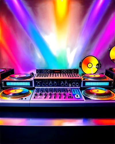 DJ booth, luxurious nightclub, shiny metallic counter, colorful LED lights, vinyl records, CD players, mixing console, microphone, speakers, sound waves, dynamic lighting, low-angle shot, warm color t