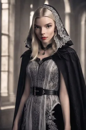 Anya Taylor joy as The vampire princess wears a long, tight-fitting dress in black and grey tones, with lace and silver embroidery. Her cloak is black velvet with a hood, adorned with dark feathers. S