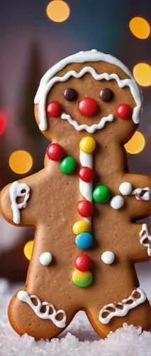 Gingerbread man, sweet facial expression, rosy cheeks, icing hair, candy buttons, colorful gumdrop eyes, white frosting smile, red licorice tie, warm lighting, cozy atmosphere, festive background, Chr