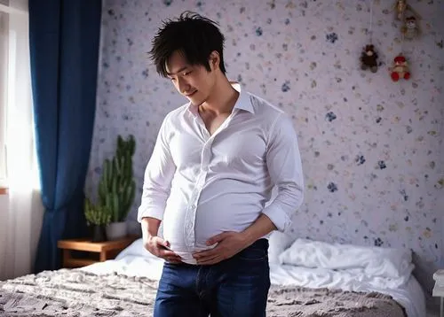 Muscular anime man, pregnant belly, gentle smile, bright blue eyes, short spiky hair, subtle blush, casual wear, loose white shirt, dark blue jeans, bare feet, tenderly holding belly, standing, warm s