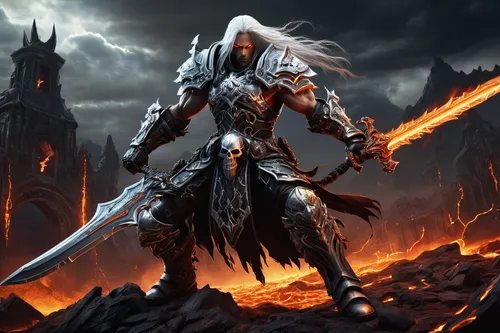 massively multiplayer online role-playing game,heroic fantasy,dark elf,witcher,crusader,dane axe,templar,fantasy warrior,warlord,diablo,fire background,paladin,lone warrior,the white torch,alaunt,death god,barbarian,fantasy art,norse,excalibur,Illustration,Abstract Fantasy,Abstract Fantasy 21