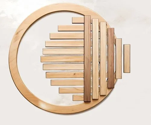 a wall decor made of wood and metal against a white background,a circle made out of wooden strips and sticks,wooden rings,chakram,circular puzzle,circle shape frame,circular ring,clothespins,Conceptua