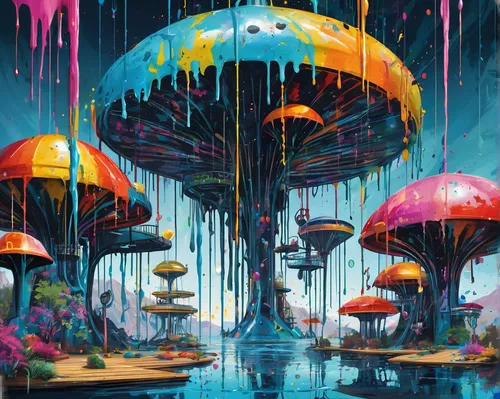 mushroom landscape,umbrellas,mushroom island,summer umbrella,parasols,raindops,underwater playground,umbrella,acid lake,umbrella beach,futuristic landscape,huge umbrellas,alien world,fairy world,wonderland,raindrops,rainwater,drop of rain,psychedelic art,rainstorm,Conceptual Art,Graffiti Art,Graffiti Art 08