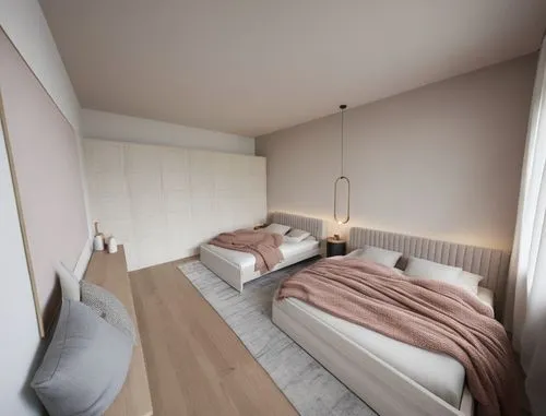 two beds and a dresser in a small room,bedroom,bedroomed,modern room,3d rendering,bedrooms,chambre,guest room,guestroom,render,kamar,appartement,sleeping room,renders,habitaciones,smartsuite,bedstead,