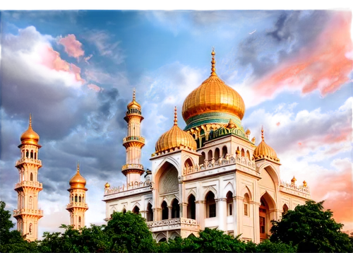 Beautiful mosque, grand architecture, intricate stone carvings, golden domes, minarets reaching skyward, lush greenery surrounding, warm sunset lighting, dramatic clouds, low-angle shot, cinematic com