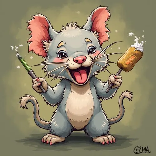 SQUEAK,cartoon mouse holding a beer and some sparklers,straw mouse,tikus,ratliffe,color rat,woodrat,mousie