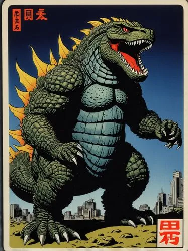 godzilla,cool woodblock images,kaohsiung,dragon of earth,fukushima,king kong,okayama,fukuoka,dinokonda,nikuman,kumamoto,shibuyasky,saurian,itabashi,odaiba,wakayama,giant lizard,okinawa,matsumoto,japan,Illustration,Children,Children 03