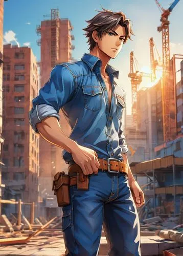 Fixing hands, detailed fingers, mid-journey pose, strong masculine arms, rolled-up sleeves, blue denim shirt, rugged jeans, brown leather belt, sturdy work boots, construction site background, urban c