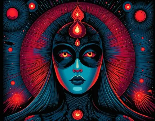 a woman with dark makeup and blue eyes stands in front of bright neon colors,ashkali,tantrik,suspiria,navaratri,hamsa,diwali wallpaper,Illustration,Realistic Fantasy,Realistic Fantasy 25