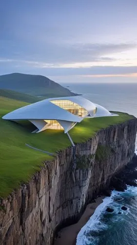 an architectural marvel nestled within a rugged cliff, overlooking the vast expanse of the ocean. This unique structure draws inspiration from the intricate and fascinating features of a housefly, tra