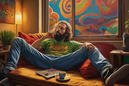 Relaxed god, smoking weed, casual sitting posture, worn-out jeans, faded band t-shirt, messy brown hair, thick beard, golden earring, laid-back atmosphere, dimly lit room, smoke clouds surrounding, in